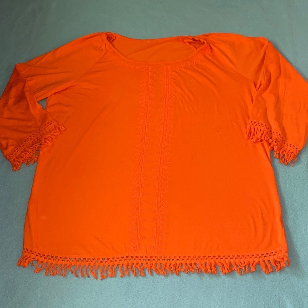 R&R CASUAL fringe embroider mango orange 3/4 sleeve pullover boho NEW size XL